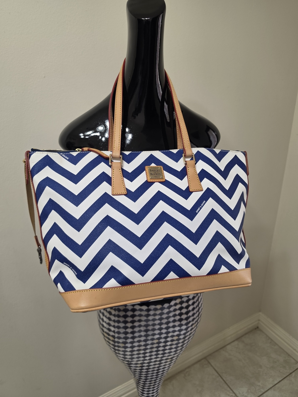 Dooney & Bourke Navy Chevron Tote with Tan Trim